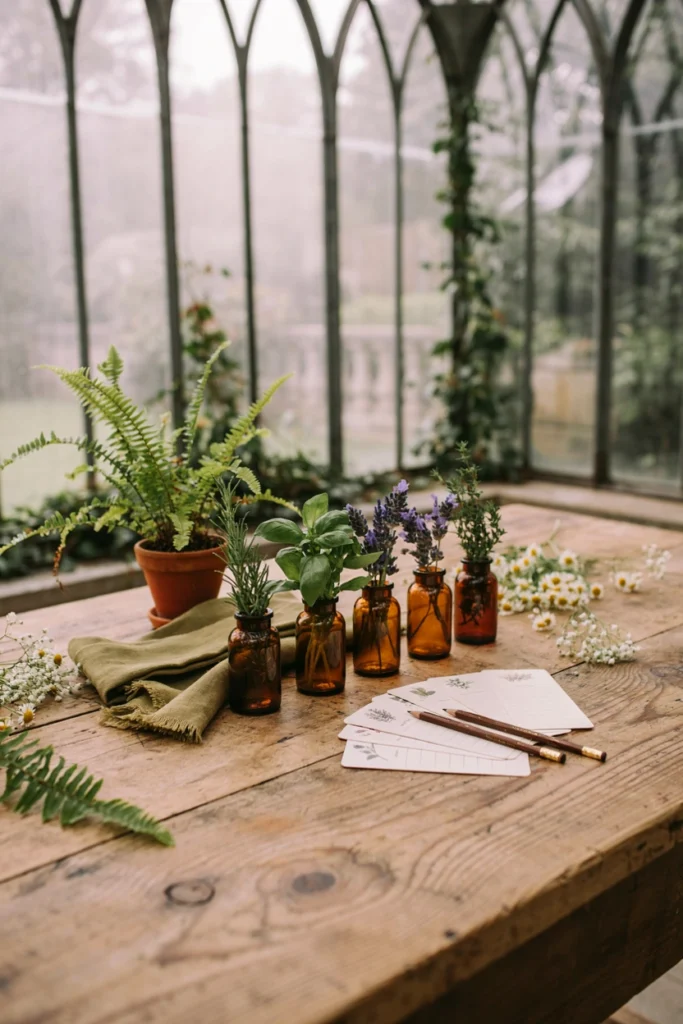 Small unmarked jars of fresh herbs set out for a blindfolded guessing game