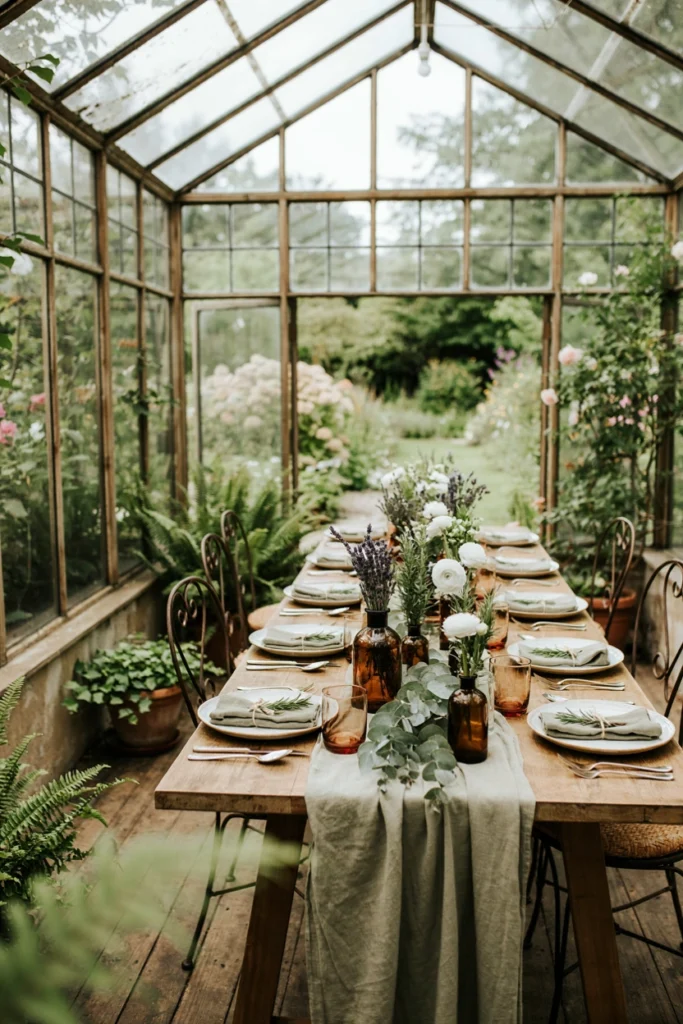 Fresh herb and flower bundles placed near seating for fragrance