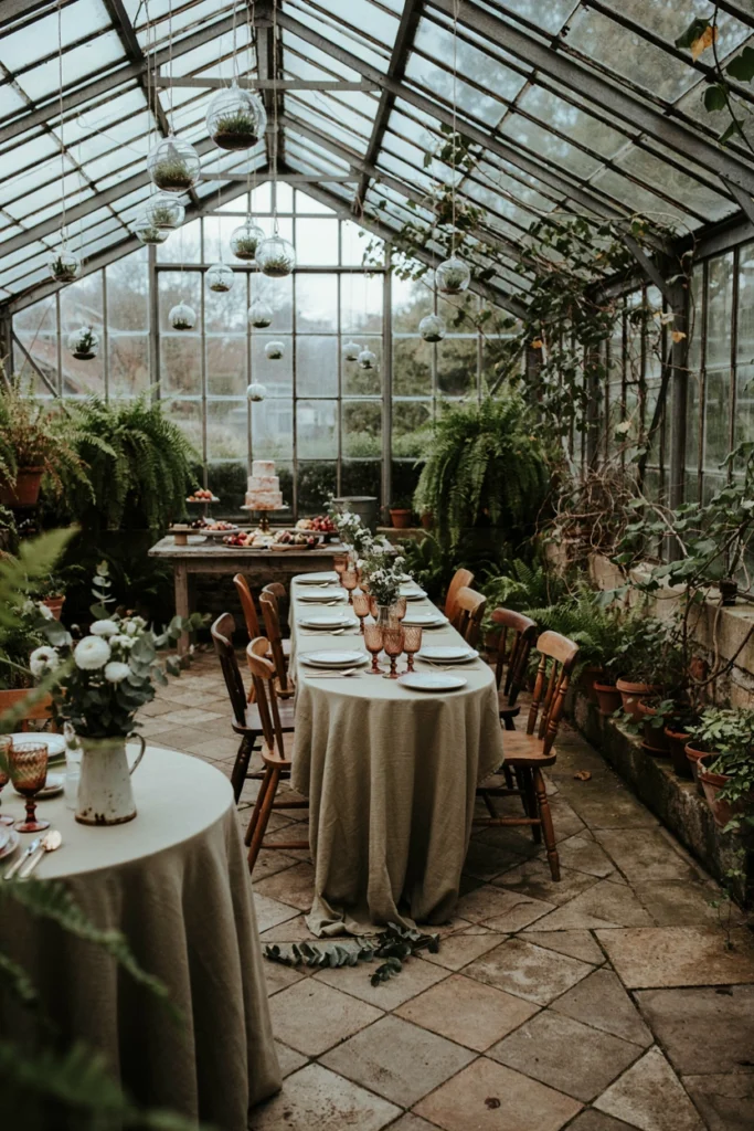 Baby shower set up inside a working greenhouse surrounded by real plants