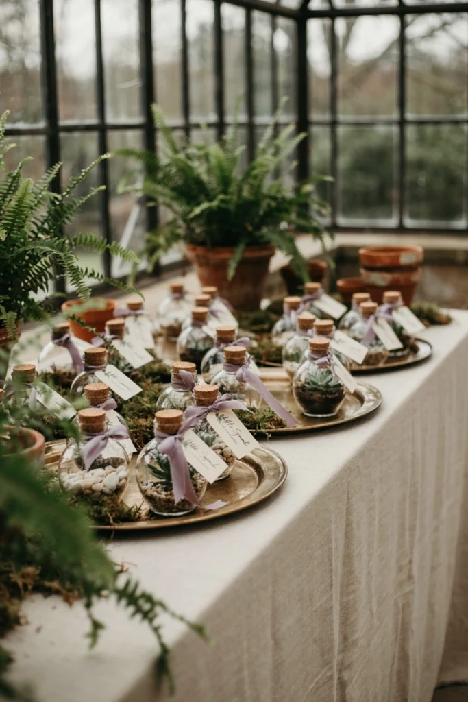 Individual terrarium kit favors with moss pebbles and a tiny succulent