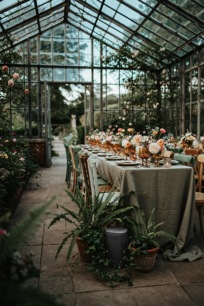 Small speaker tucked discreetly among potted plants at the edge of the party space