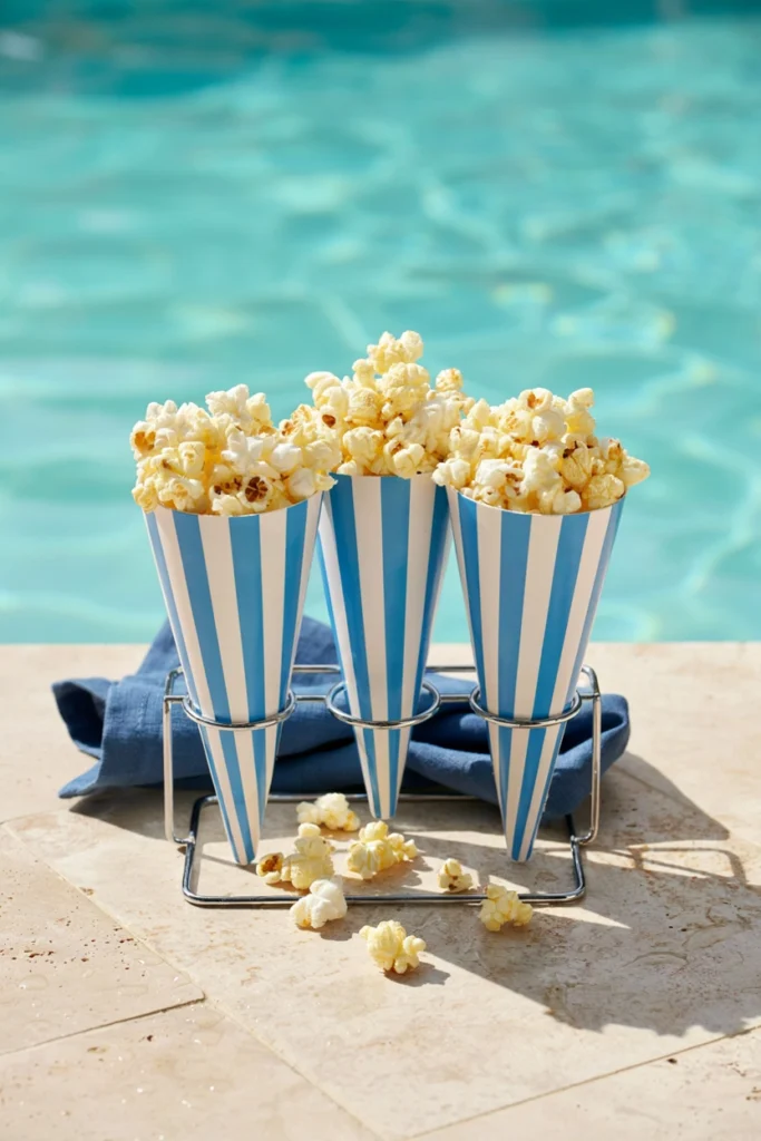 Striped paper cones filled with plain popcorn tucked into a wire rack