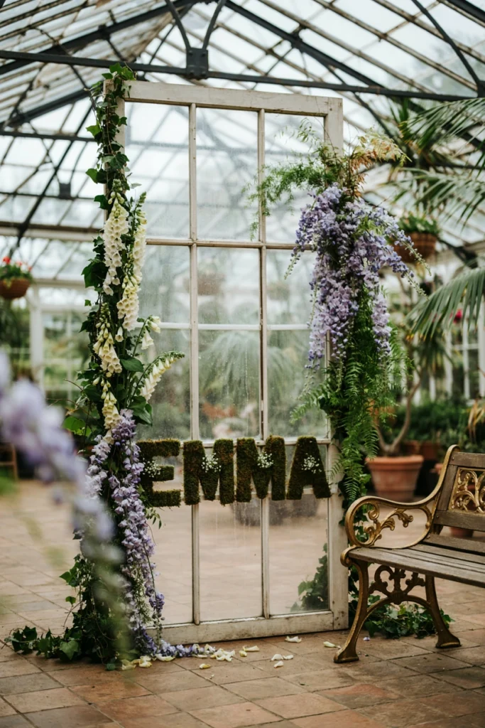 Salvaged window frame wrapped in climbing greenery as a garden shower photo backdrop
