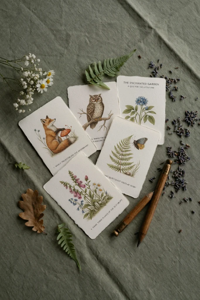 Illustrated fairytale personality quiz cards for garden baby shower guests