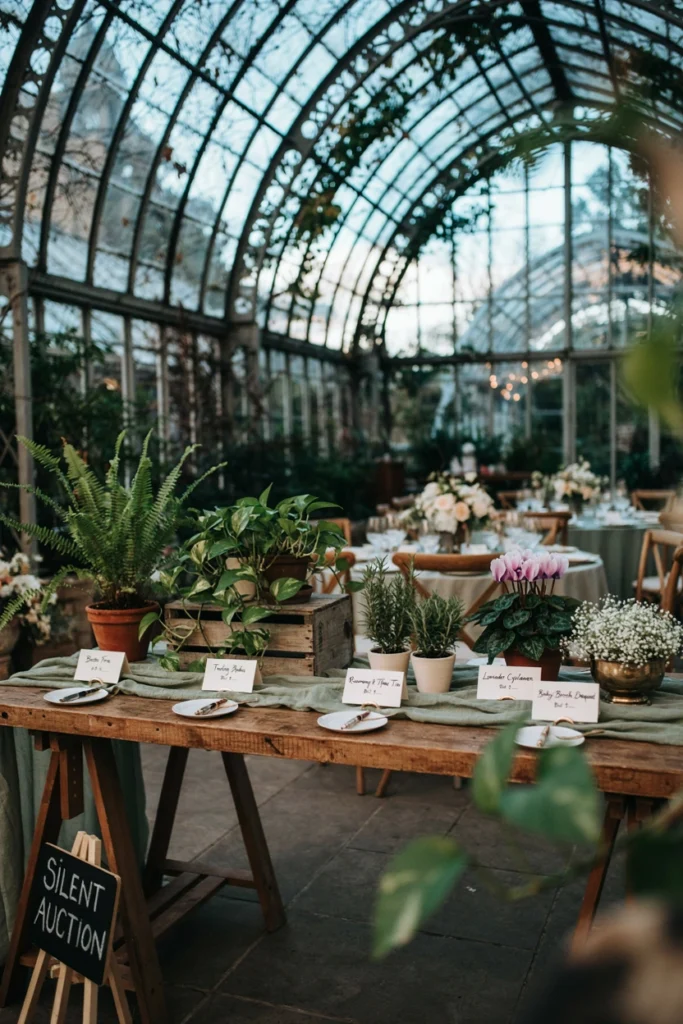 Display of potted plants with silent auction bid sheets