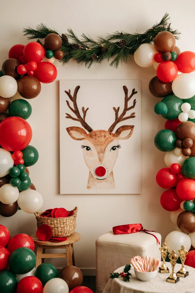 A large Rudolph poster on a wall with a blindfolded child reaching to place a red felt nose