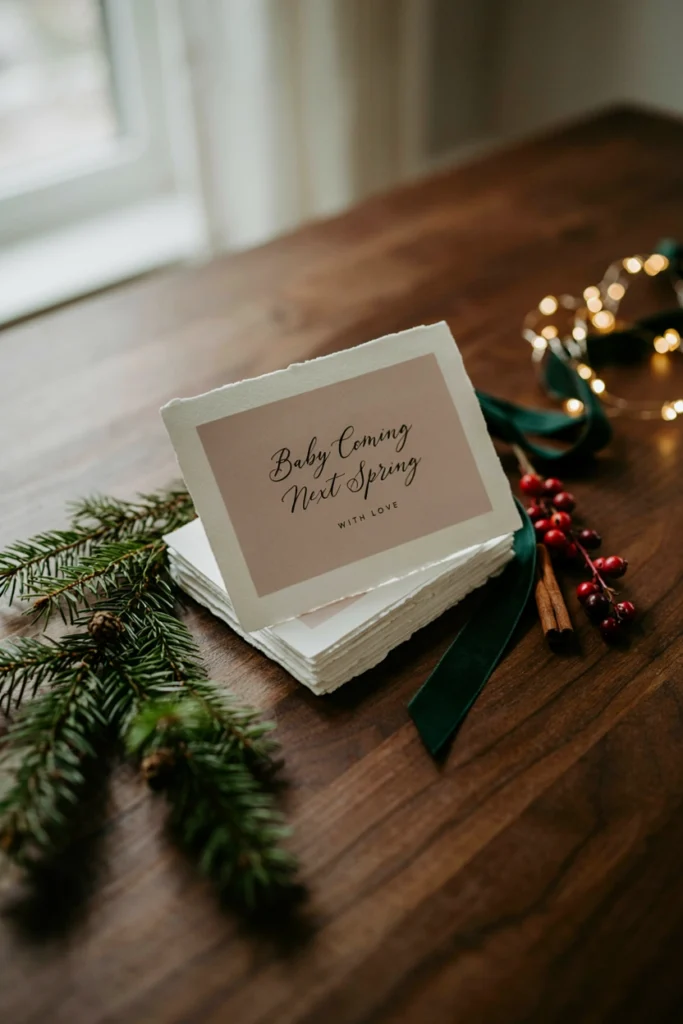 Stack of Christmas cards with one open showing a Baby Coming Spring insert card