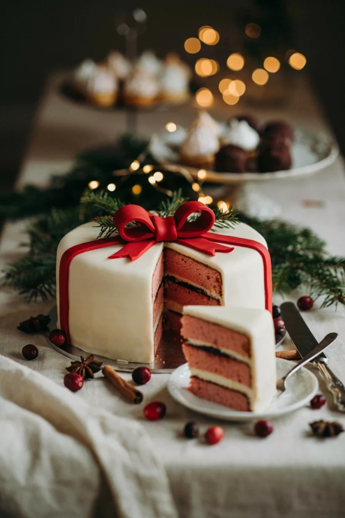 Christmas cake decorated like a wrapped present sliced open to show pink cake inside