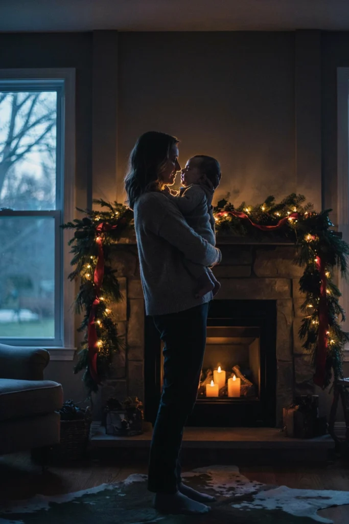Silhouette of parent holding baby in front of glowing fireplace