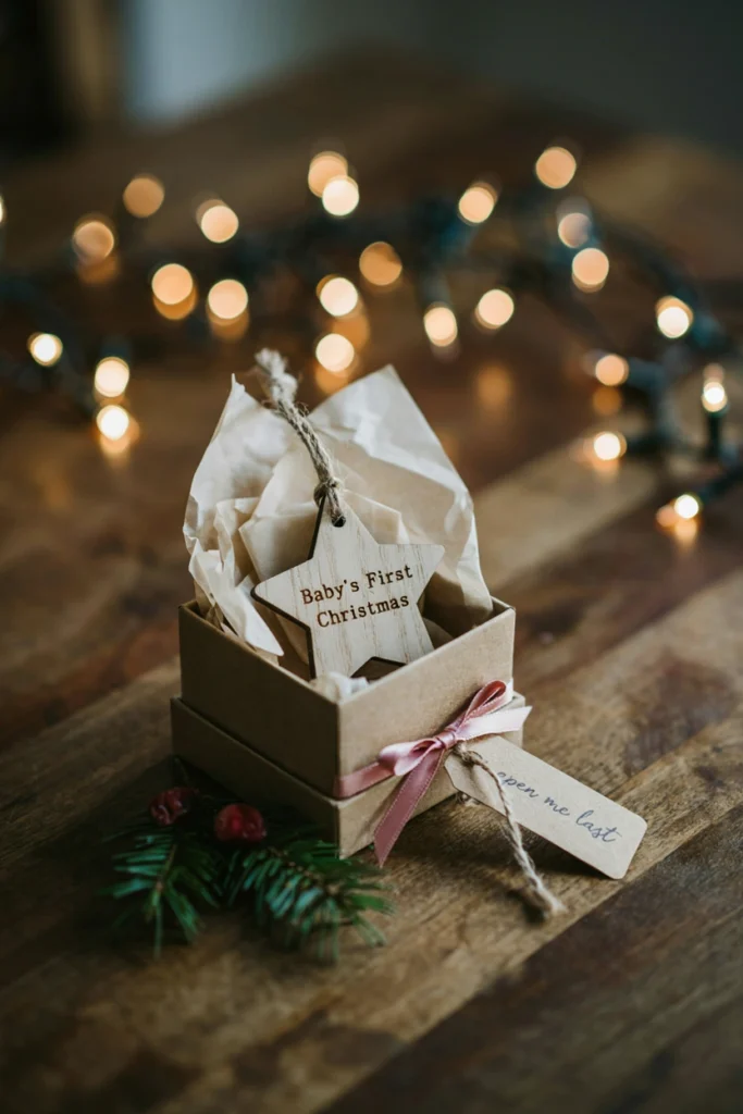 Personalized wooden Baby's First Christmas ornament wrapped in tissue paper
