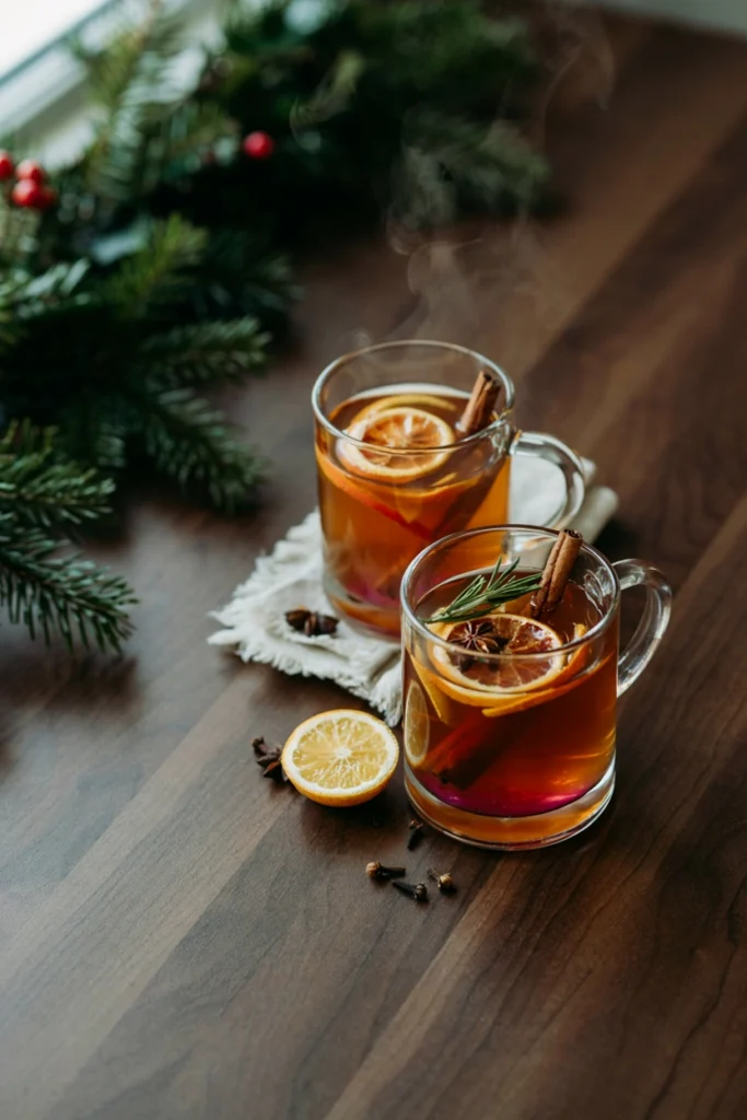 Warm spiced cider mugs near the tree with pink syrup settling at the bottom