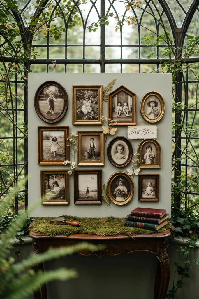 Small gallery of the parents' childhood garden photos displayed with fresh florals