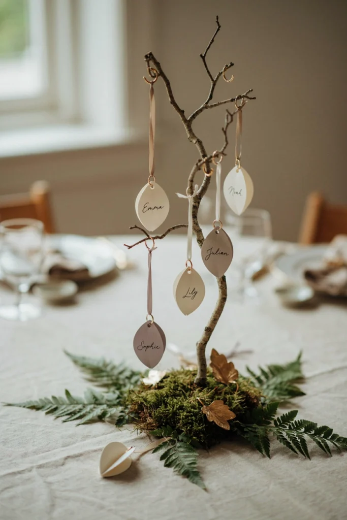 Small paper chrysalis place cards hung from a bare branch centerpiece