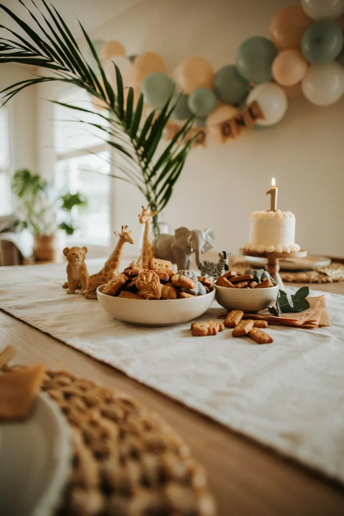 Bowl of animal crackers styled for a Wild One first birthday theme
