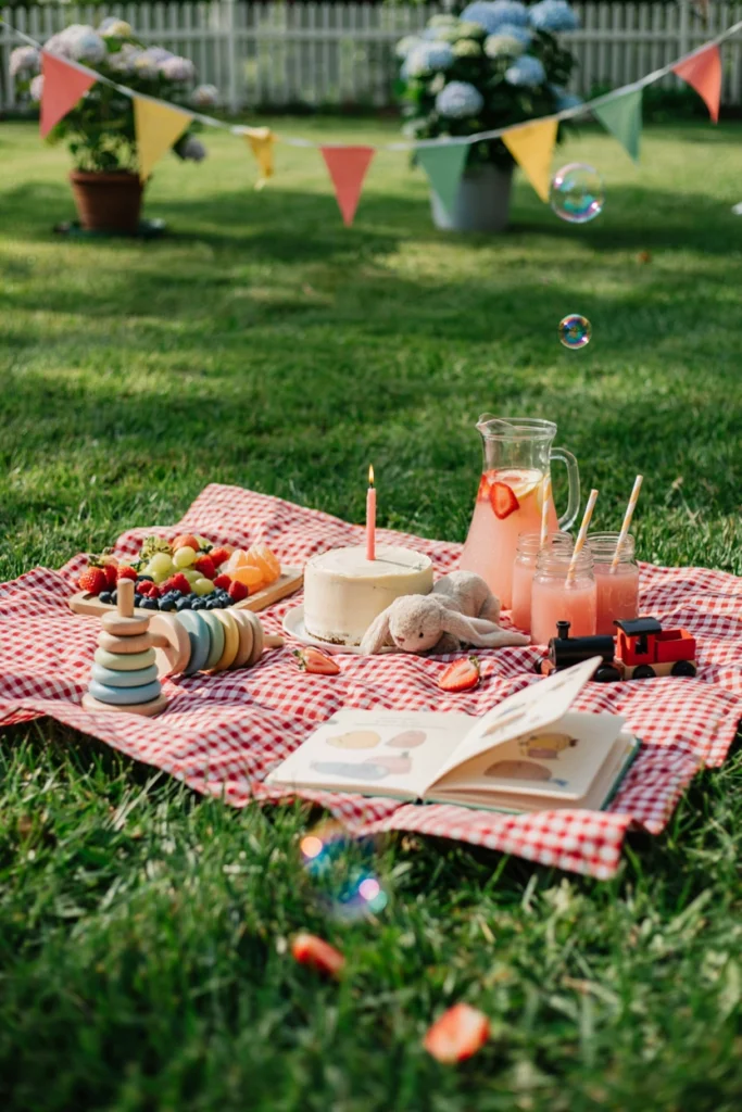 Small family gathered on a picnic blanket in a sunlit backyard with no gifts in view