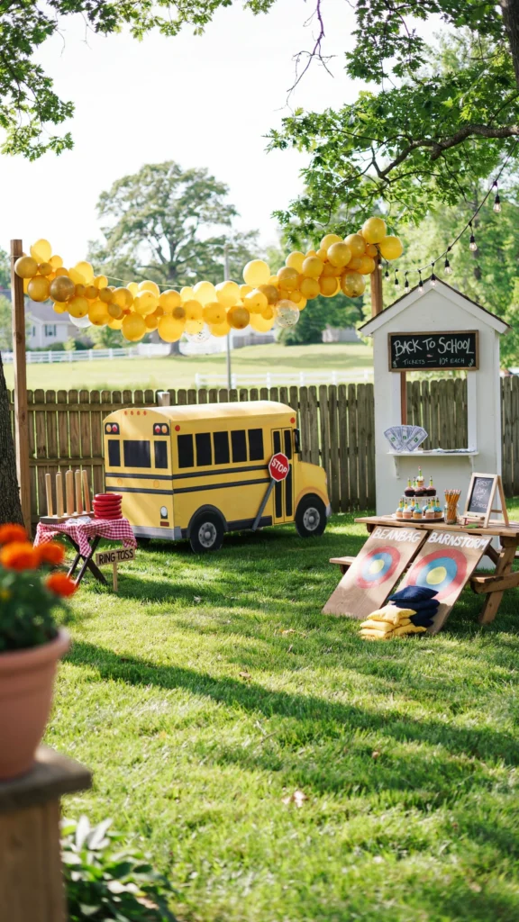 A backyard set up with a yellow balloon garland, a school bus photo prop, ring toss, and a ticket booth made from a cardboard box