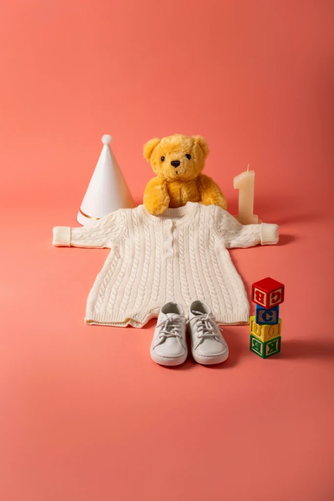 Soft neutral knit outfit laid flat and photographed beside a child each birthday to show scale