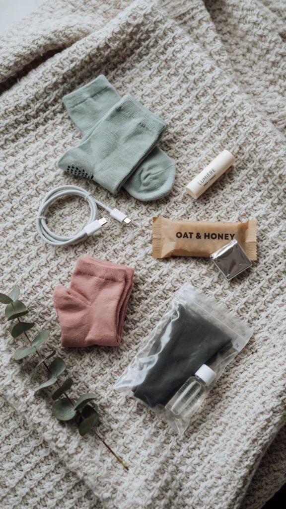 Flat-lay of hospital bag comfort items including grip socks, lip balm, and snacks