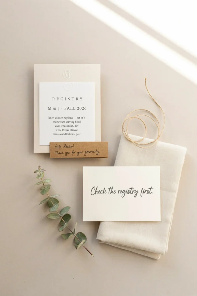 a polite “gift etiquette” flat lay: a registry card, gift receipt, neutral wrapping paper, and a small card that says “Check the registry first.” Avoid showing tacky “bad gift” examples; it will look more helpful and less judgy.