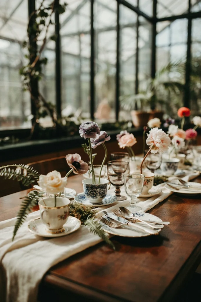 Mismatched vintage teacups each holding a single flower stem down the table