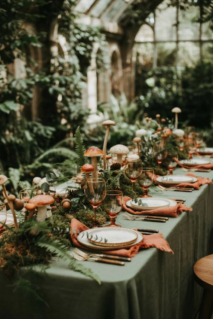 Terracotta and moss forest floor palette styled with mushroom accents for a fall garden baby shower