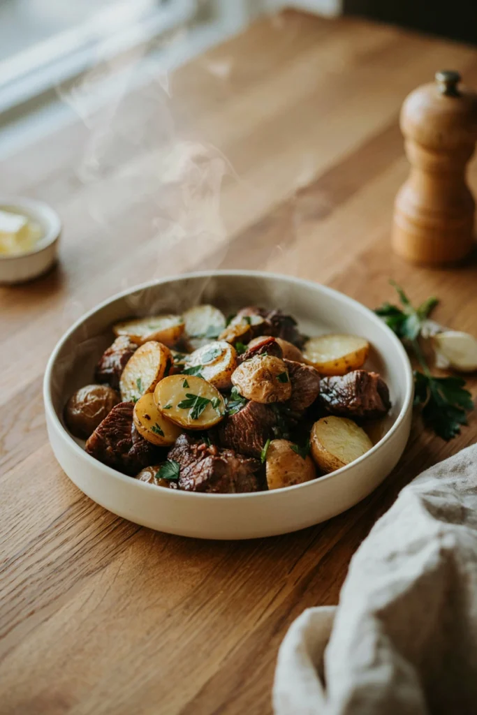 Photorealistic food photography of slow cooker garlic butter beef bites with baby potatoes, tender caramelized beef cubes and golden potato halves coated in glossy garlic-herb butter, finished with fresh parsley. Served in a matte cream stoneware bowl on a warm wood table, subtle steam, soft natural window light, cozy family-dinner styling, neutral beige and warm brown palette, shallow depth of field, appetizing editorial recipe-blog image, no people, no text, no utensils blocking the food, 2:3 vertical.