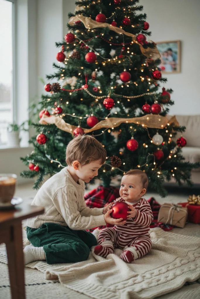 Older sibling handing baby an ornament near the Christmas tree