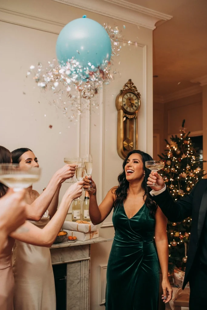 Living room New Year's Eve countdown party with balloon drop and confetti