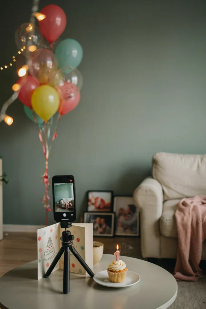 Grandparent recording a warm birthday video message on a phone in a cozy living room