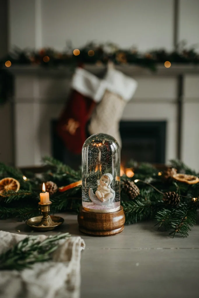 Glass snow globe filled with pink glitter snow around a tiny baby figurine
