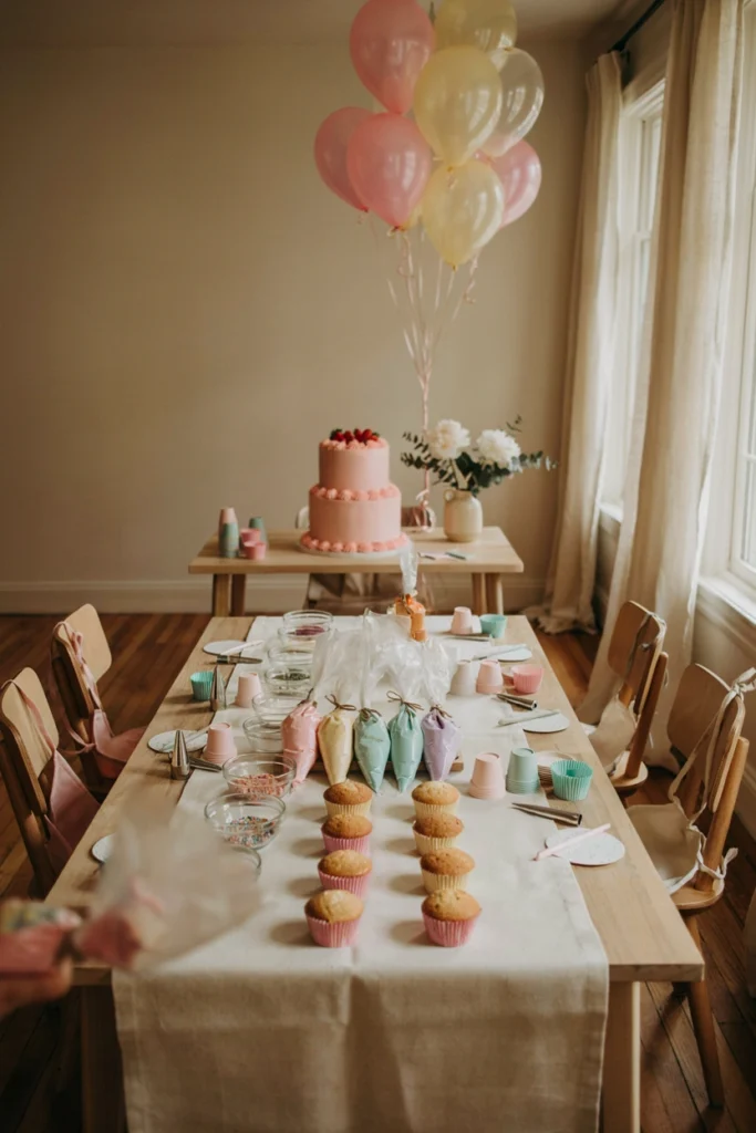 A kids birthday party cupcake decorating station with frosting, sprinkles, and toppings