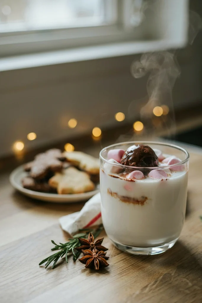 Cocoa bomb dissolving in a mug of steaming milk releasing pink marshmallows