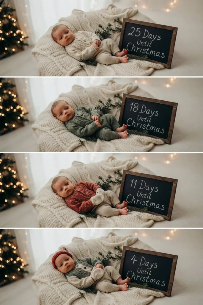 Grid of chalkboard photos showing baby's weekly growth before Christmas