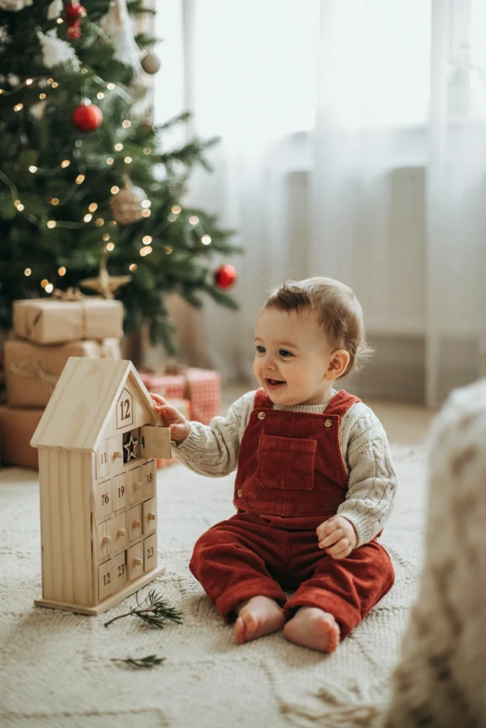 Baby reaching toward an open advent calendar door