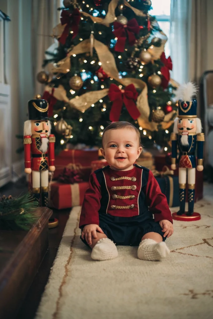 Baby dressed as a nutcracker beside a decorative nutcracker figure