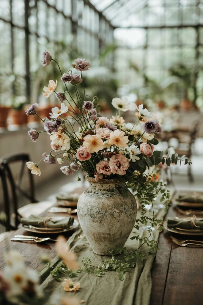 Loose, overgrown floral arrangement styled to look wild and unmanicured