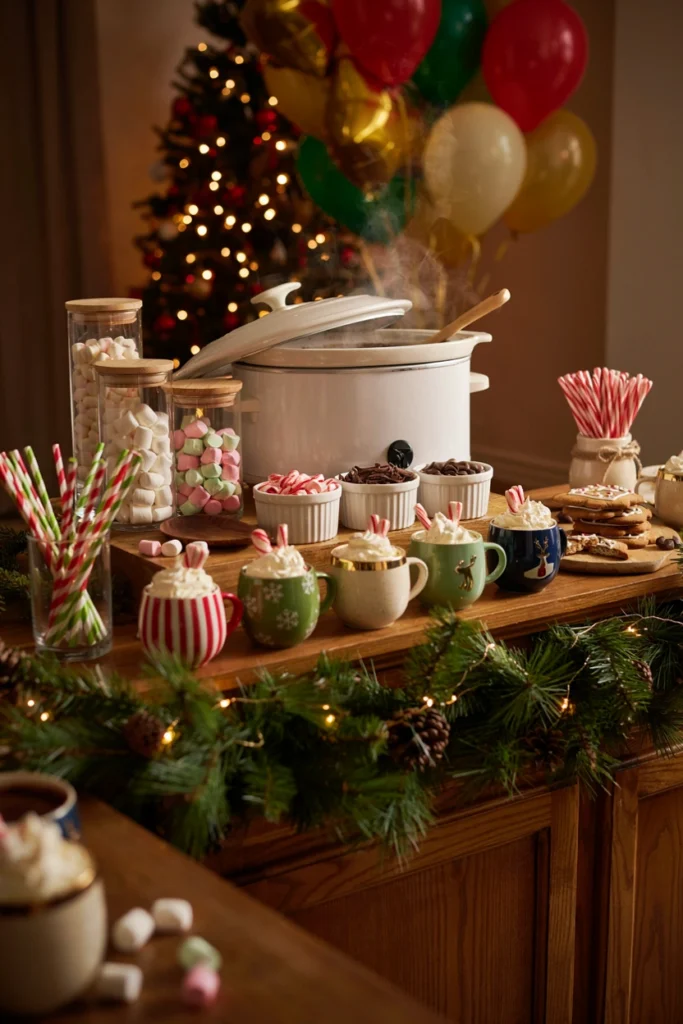 A styled hot cocoa station with mugs, marshmallows, peppermint sticks, whipped cream, and chocolate shavings in small bowls