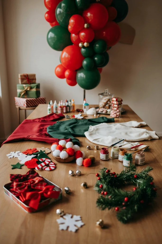 Plain sweatshirts laid flat with fabric paint, pom-poms, and felt patches while kids decorate them into ugly sweaters