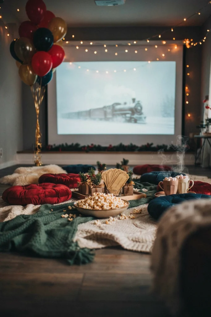 A cozy living room set up with blankets, pillow forts, hot cocoa mugs, and a projector showing a train scene with string lights overhead