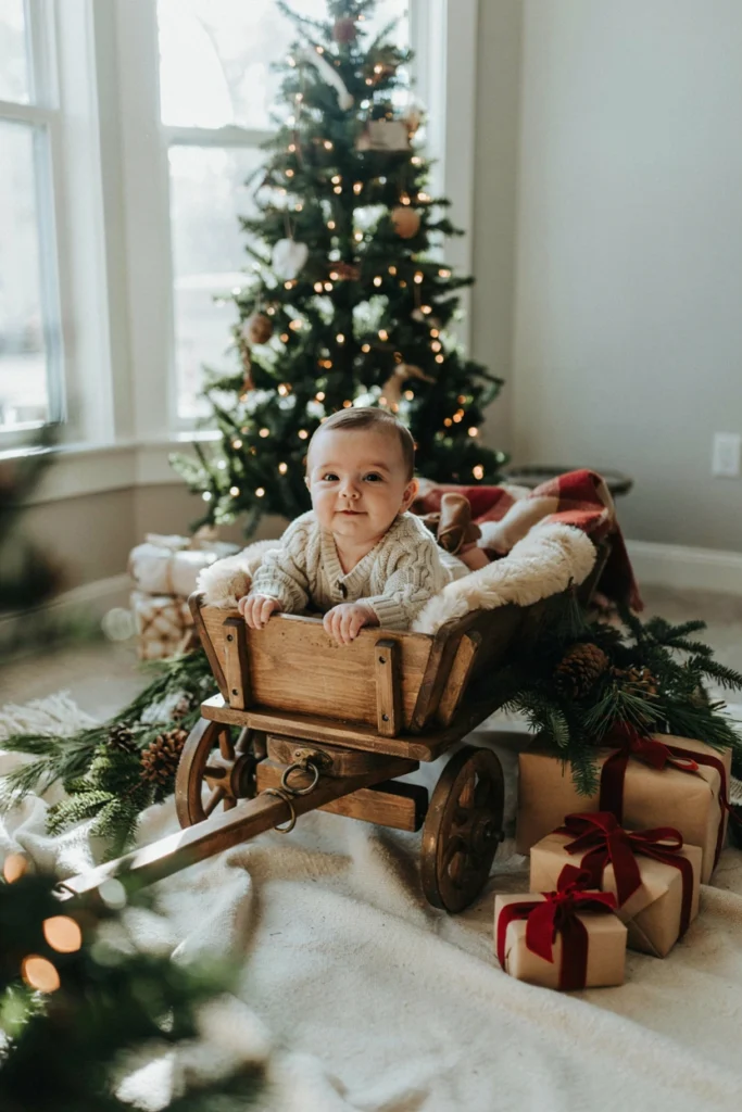Baby seated in a vintage-style wooden sled styled with pinecones
