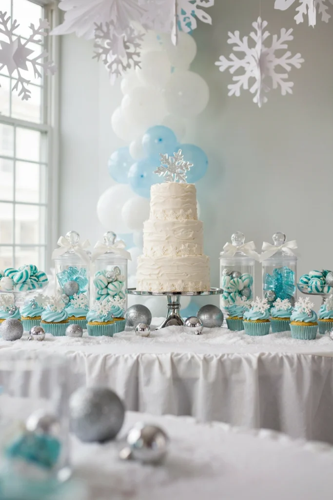 A living room dusted with fake snow, white and silver balloons, and kids playing in a snow-flurry corner with a small snow machine