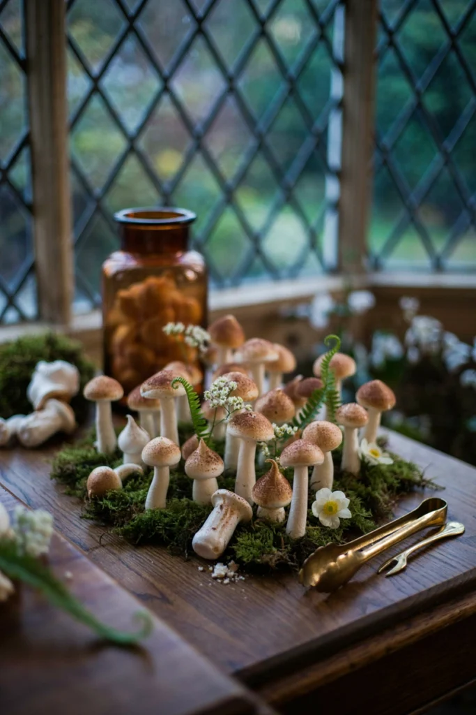 Meringue piped and painted to look like tiny toadstool mushrooms on a moss board