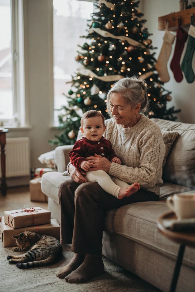 Grandparent holding baby on lap near the Christmas tree