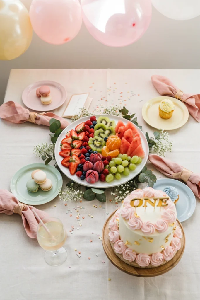 Rainbow fruit slices arranged into a flower pattern on a platter
