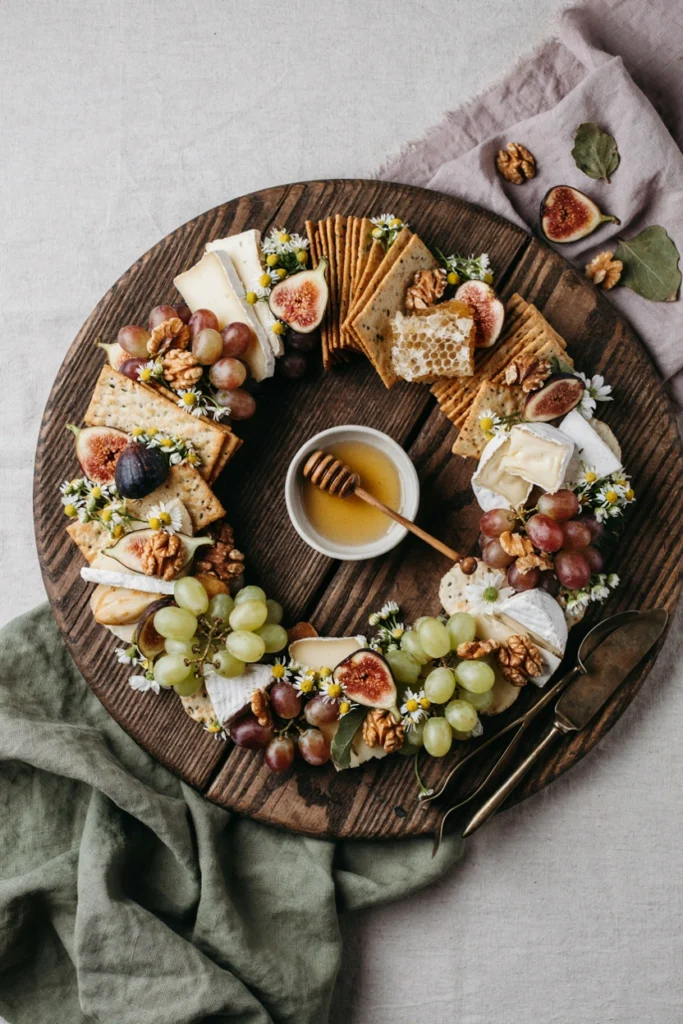 Charcuterie spread arranged in a wreath shape with figs honey and wildflowers