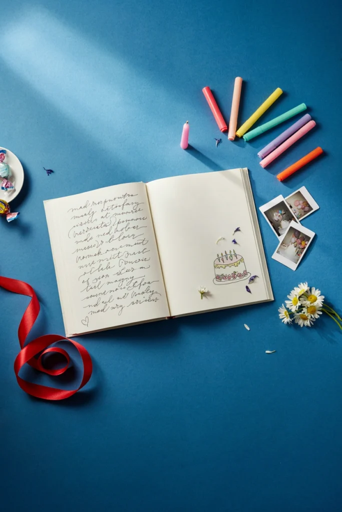 Hardcover birthday journal open on a table with a handwritten letter and a small pressed flower