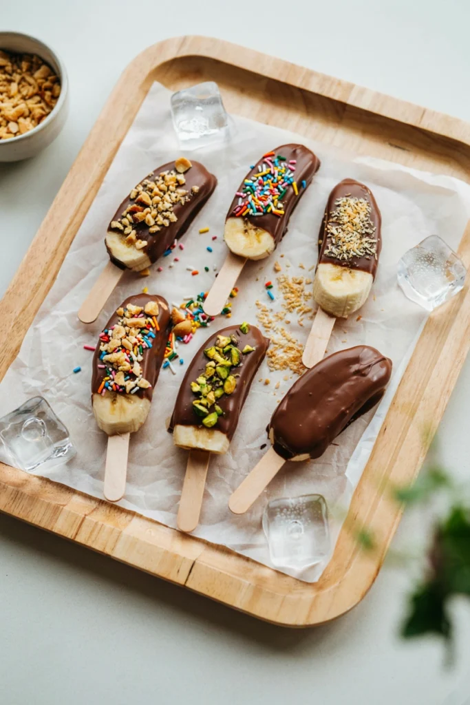 Frozen banana halves on sticks, half-dipped in chocolate and rolled in crushed peanuts
