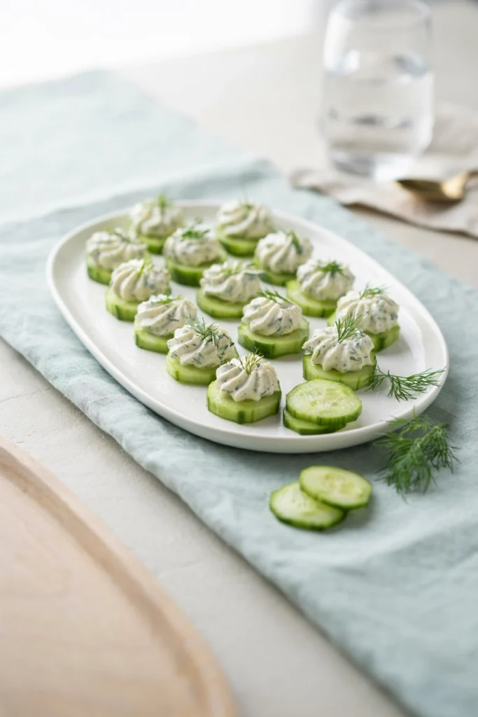 Cucumber rounds topped with herbed cream cheese and a dill sprig, arranged in neat rows