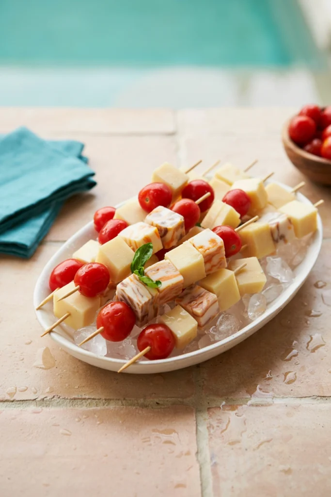 Cubed cheddar and colby jack cheese alternating with cherry tomatoes on short skewers