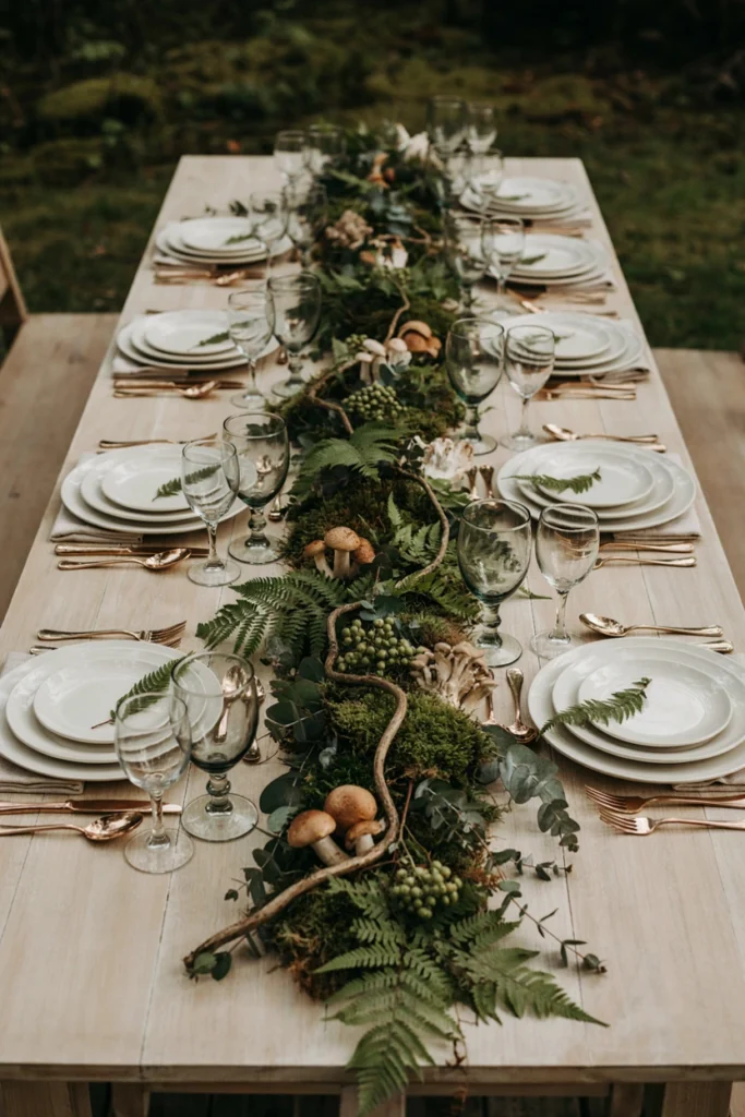 Asymmetrical fern and dried mushroom table runner down the center of the table
